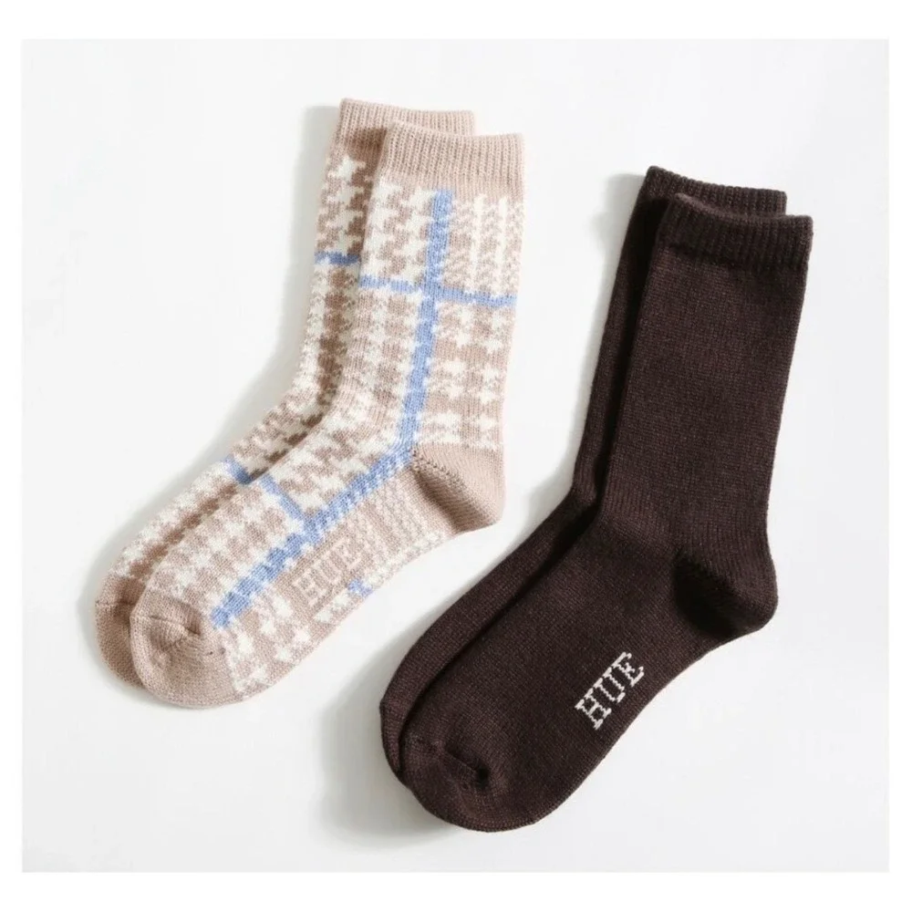 HUE‎ Womens 2 Pack Heavy Weight Boot Socks Houndstooth Taupe Brown New One Size